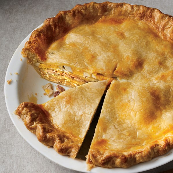 Potato and egg pie with bacon and crème fraîche