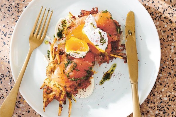Potato and feta fritters with smoked salmon and dill oil