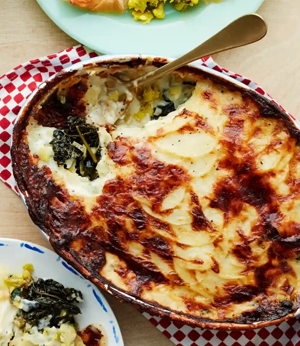 Potato and greens Dauphinoise with Fontina