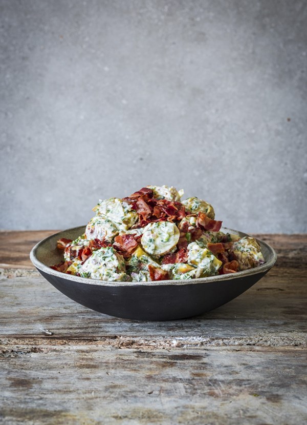 Potato and kumara salad with herby lemon mayo and pancetta