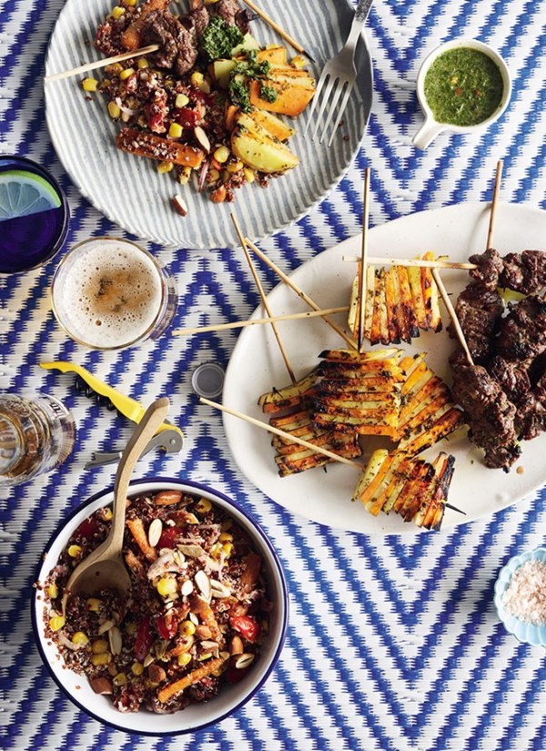 Potato and kūmara skewers with carrot, corn and quinoa salad and carrot-top chimichurri