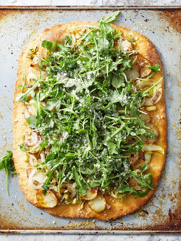 Potato and leek pizza with arugula