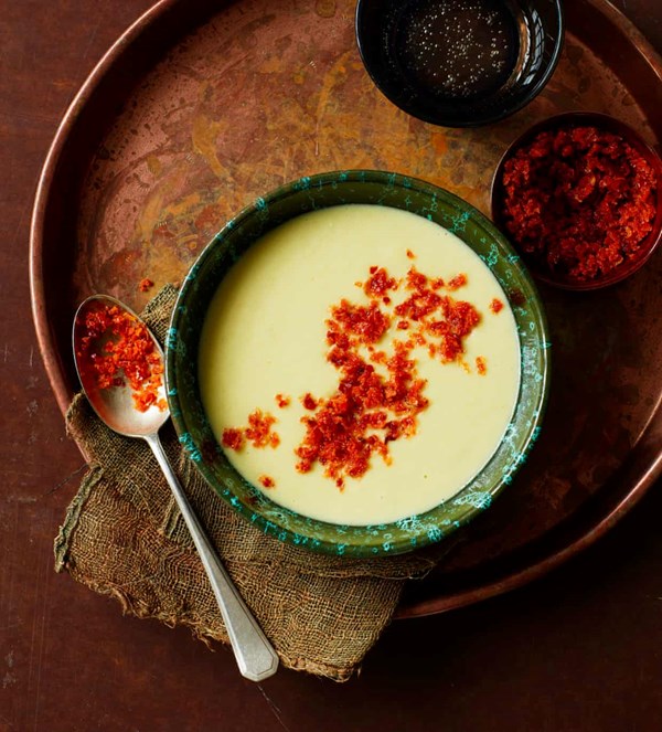Potato and leek soup with crispy 'nduja crumb