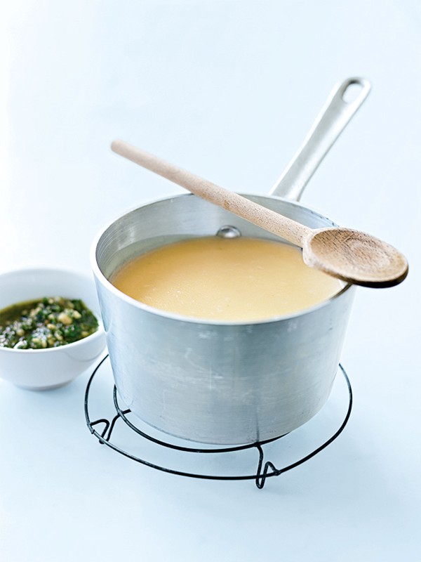Potato and Parmesan soup with parsley pesto