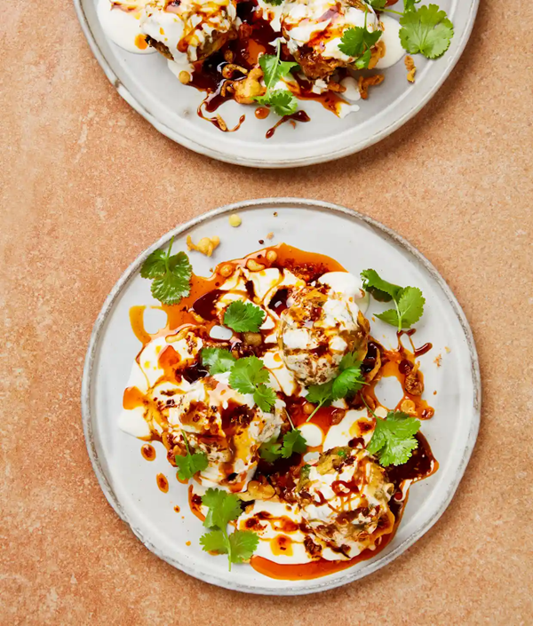 Potato and pea fritters with lemon yoghurt and ghee