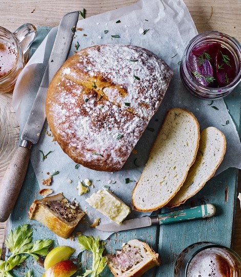 Potato and rosemary bread with beetroot and dill pickle