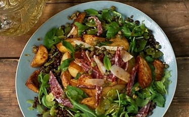 Potato and salami salad with mostarda caper dressing