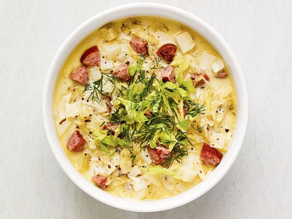 Potato and sauerkraut soup with kielbasa 