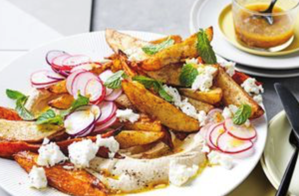 Potato and sweet potato salad with cinnamon and dates