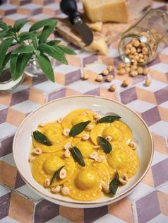 Potato and Taleggio ravioli with crispy sage and hazelnuts (Ravioli di patate e Taleggio con salvia croccante e nocciole)