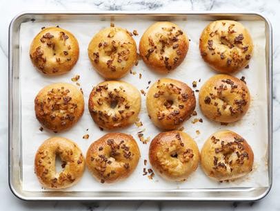 Potato bagels with butter-glazed onions