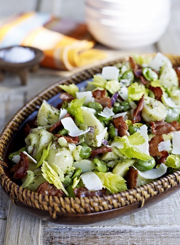 Potato, broad bean and crispy bacon salad with mint dressing
