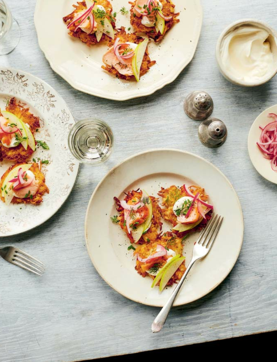 Potato cakes with hot-smoked trout, apple and dill