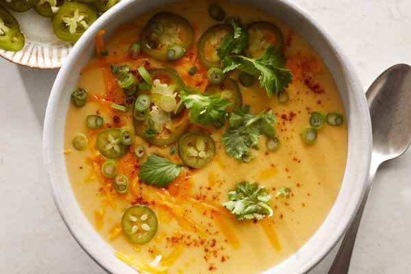 Potato-cheddar soup with quick-pickled jalapeños