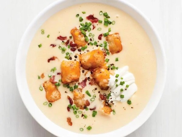 Potato-cheddar soup with Tater Tots