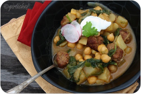 Potato, chickpea, & radish greens curry with lamb sausage
