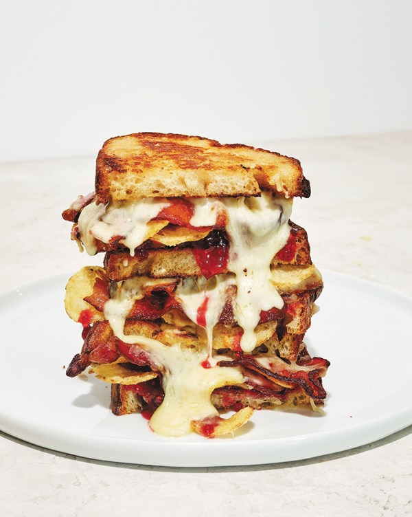 Potato chip, bacon, and raspberry grilled cheese