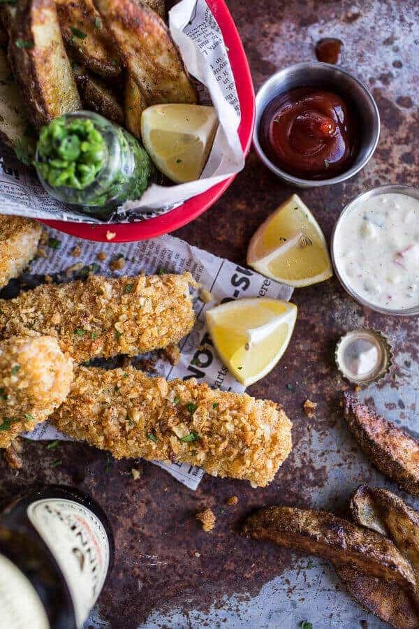 Potato chip crusted fish and chips with all the fixings