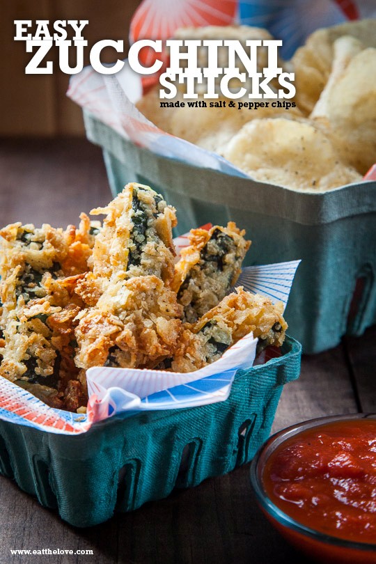 Potato chip zucchini sticks with marinara sauce