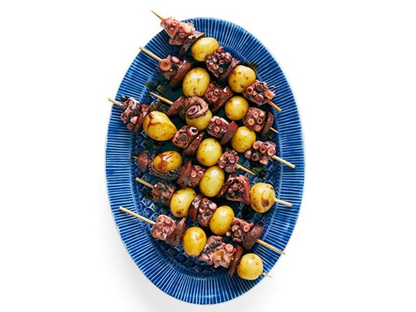 Potato-chorizo-octopus skewers 