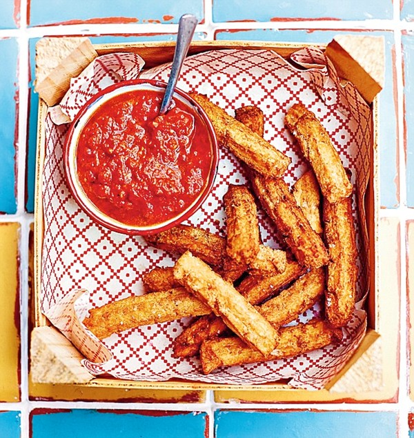 Potato churros with red pepper sauce