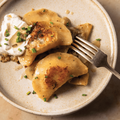 Potato, clothbound cheddar, and short rib pierogis