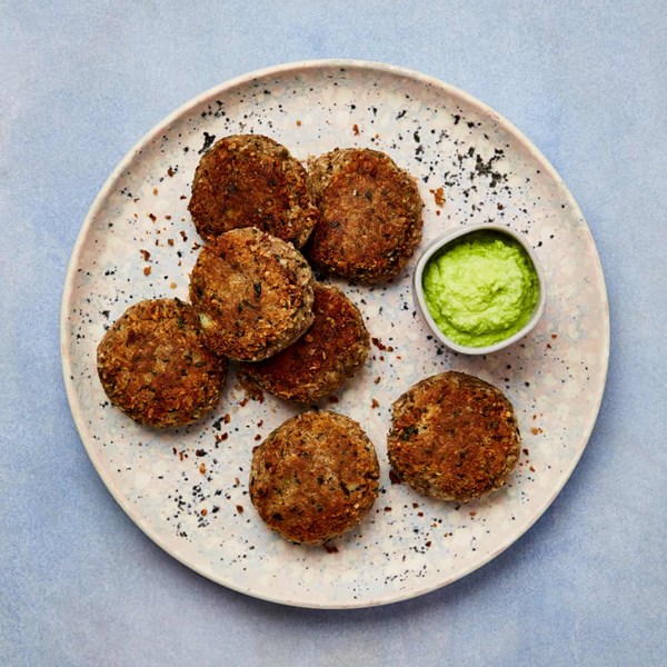 Potato, coconut and peanut tikkis with pea chutney