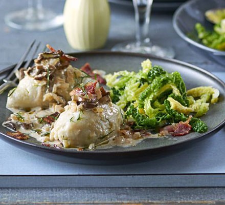 Potato dumplings with mushroom sauce & bacon (Lithuanian cepelinai)