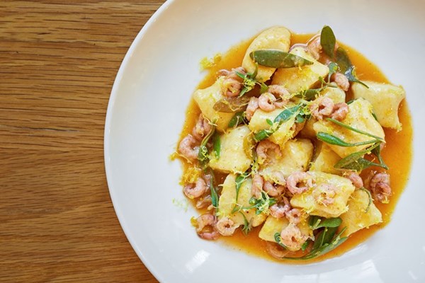 Potato dumplings with potted shrimp