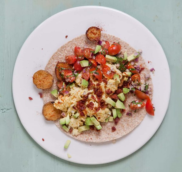 Potato, egg and bacon tacos