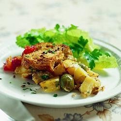 Potato, feta and green olive bread pudding