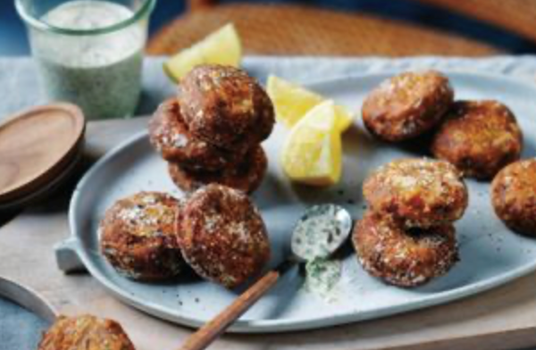 Potato fish cakes with caper goddess sauce