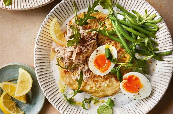Potato flatbreads with smoked mackerel & jammy eggs
