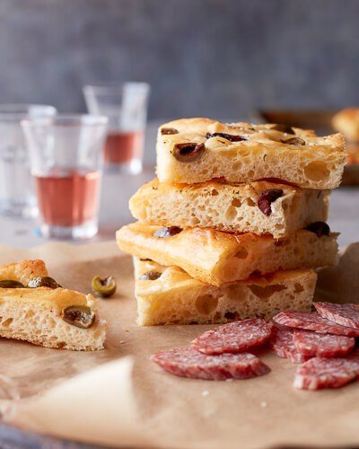 Potato focaccia with olives and rosemary