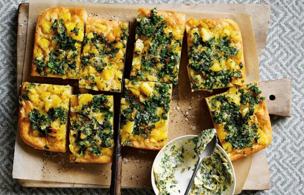 Potato focaccia with roasted garlic and herb butter