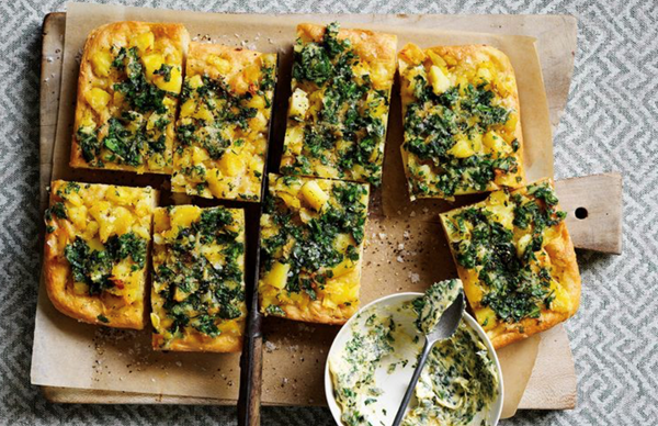 Potato focaccia with roasted garlic and herb butter