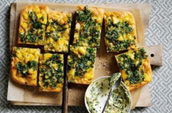 Potato focaccia with roasted garlic and herb butter
