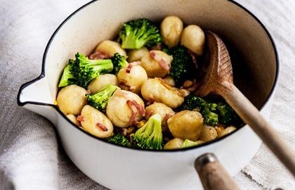 Potato gnocchi with broccoli, bacon and sweetcorn