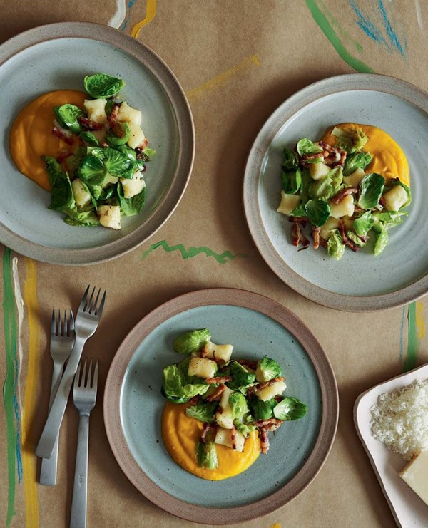 Potato gnocchi with buttercup purée, Brussels sprouts & pancetta