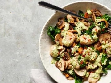 Potato gnocchi with mushrooms and greens