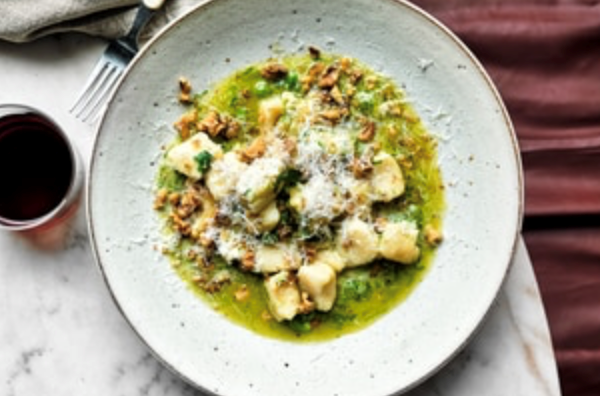 Potato gnocchi with pea and garlic chive pesto