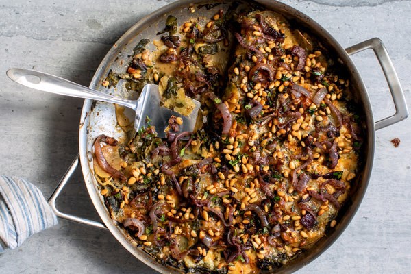 Potato gratin with Swiss chard and sumac onions