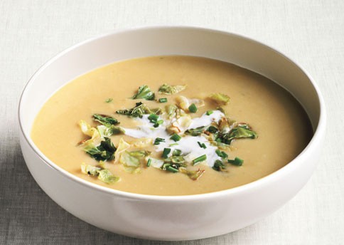 Potato, green cabbage, and leek soup with lemon crème fraîche