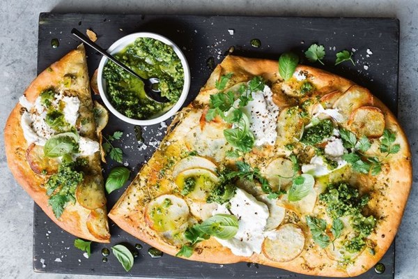 Potato, green tapenade & herb spelt pizza