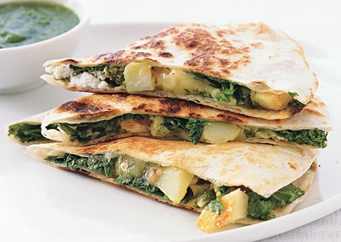 Potato, greens, and goat cheese quesadillas