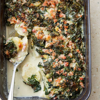 Potato, ham, and spinach gratin