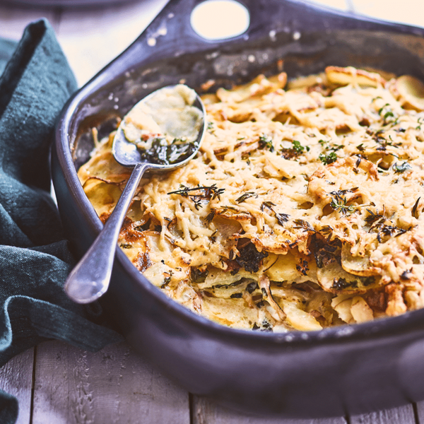 Potato, kale & bacon gratin