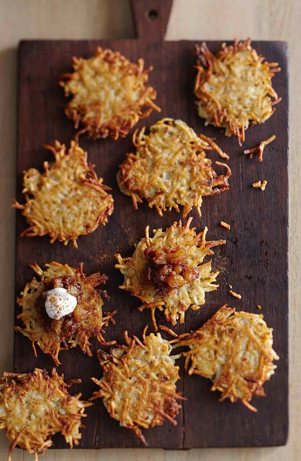 Potato latkes with apple-date chutney and cinnamon sour cream