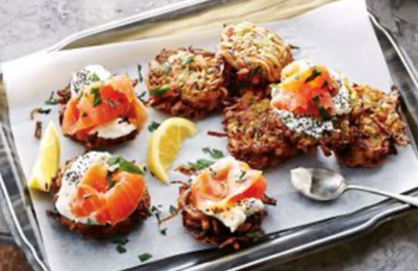 Potato latkes with smoked salmon and poppyseed cream