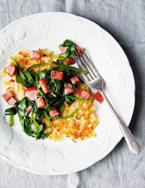 Potato latkes with smoked sausage & spinach